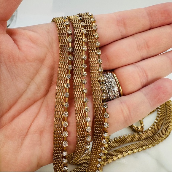 Retro Mesh 3 Chain Necklace Rhinestone Accent Layers Gold Tone Disco Glam 20” - Picture 5 of 11